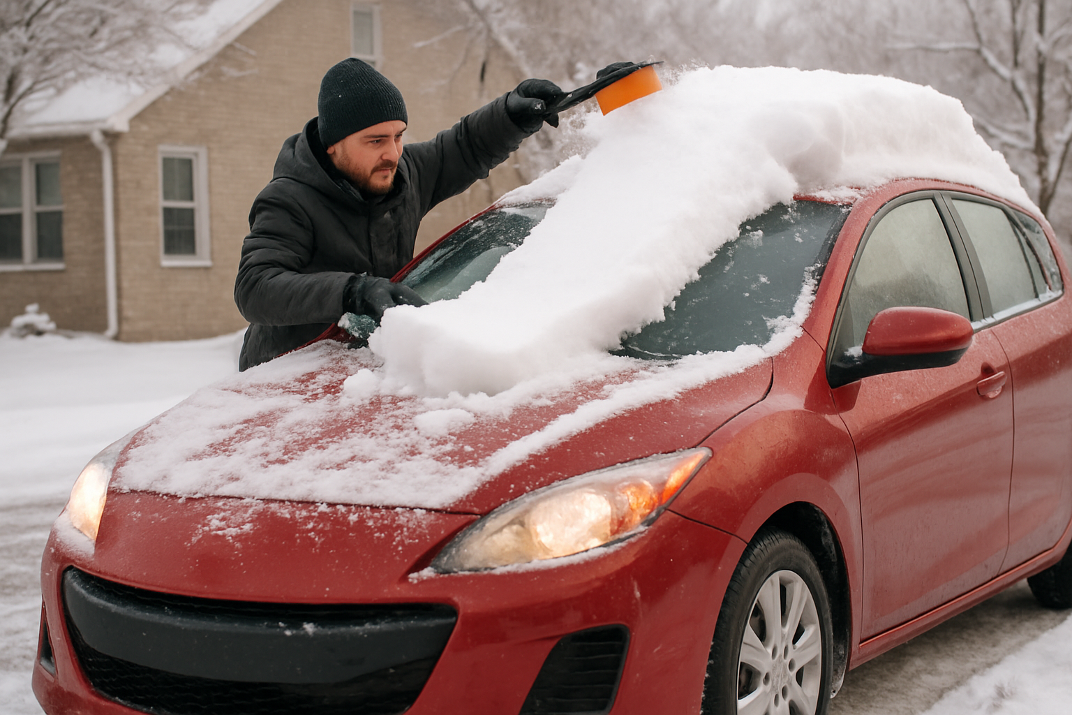 Show a person clearing all snow from their car hood roof and lights Snow left on their roof slide down-1
