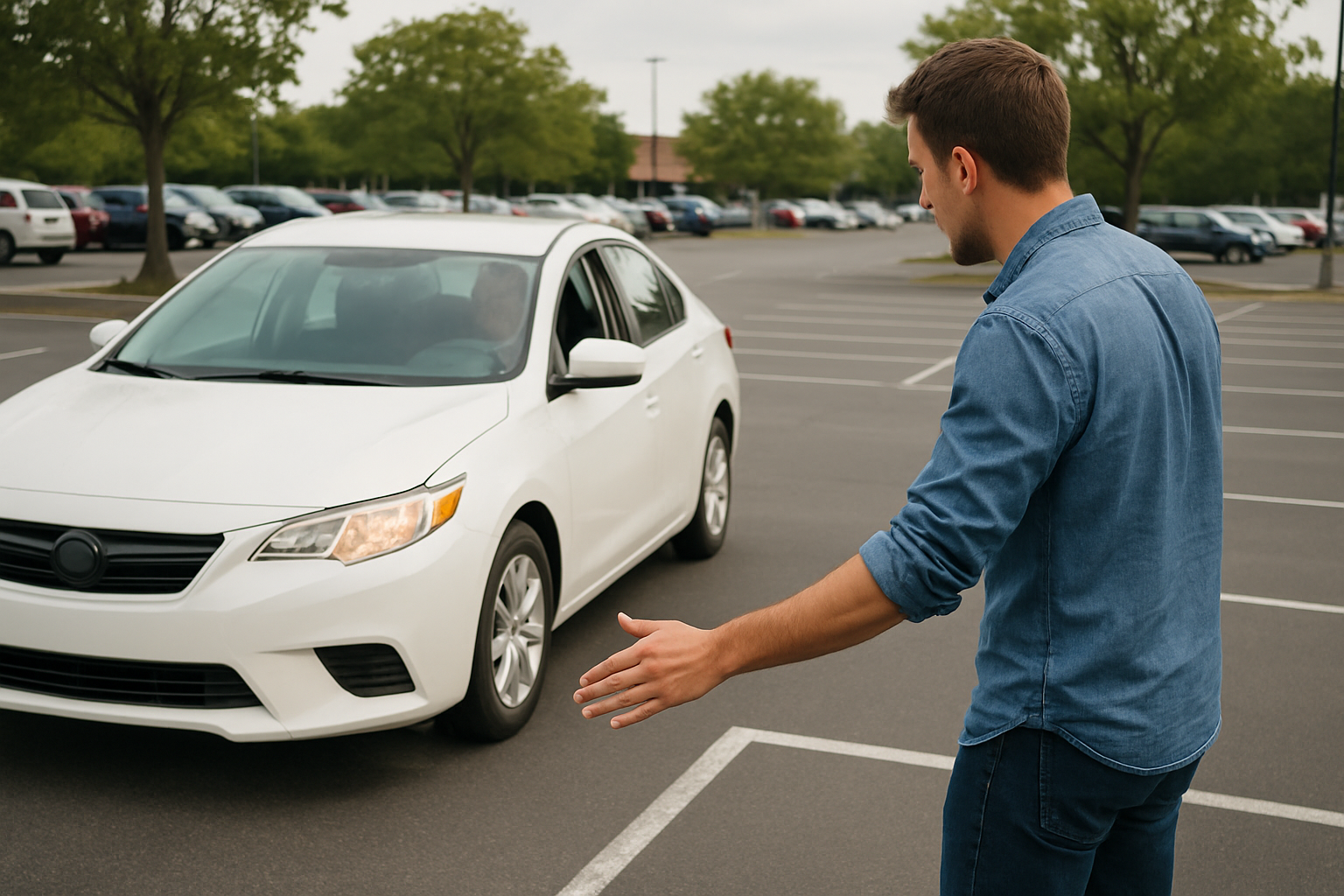 a guy trying to park his car in a parking lot