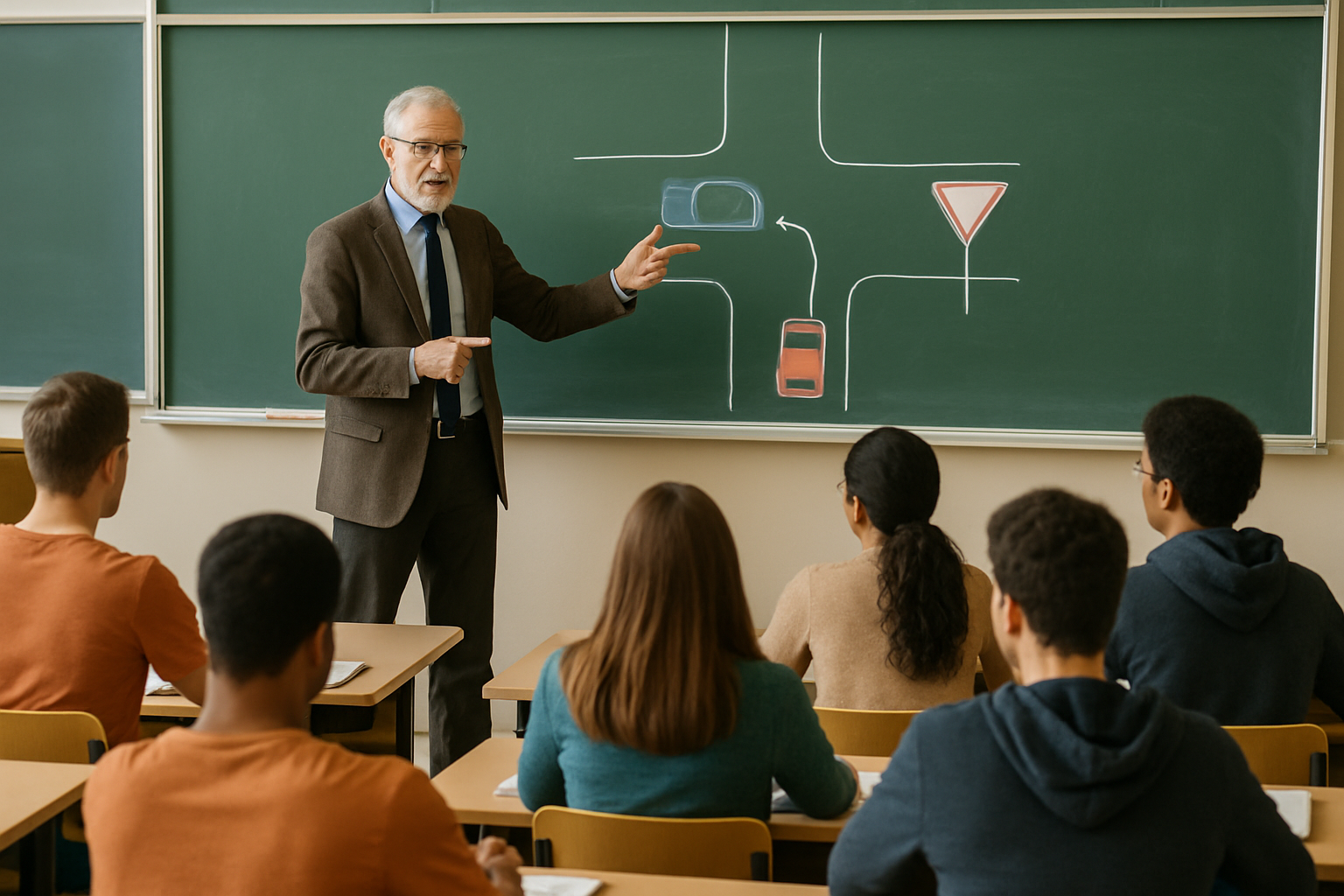 professor in a big classroom with students teaching car driving-1